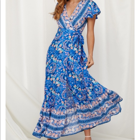 Boho Floral Gypsy Print 60’s Maxi Wrap Dress - Picture 9 of 12